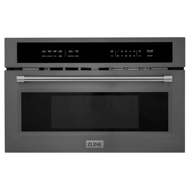 ZLINE 4-Piece Appliance Package - 36-Inch Rangetop with Brass Burners, Refrigerator, 30-Inch Electric Wall Oven, and 30-Inch Microwave Oven in Black Stainless Steel (4KPR-RTB36-MWAWS)