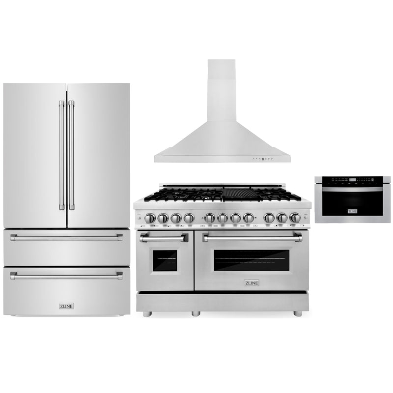 ZLINE 4-Piece Appliance Package - 48-Inch Dual Fuel Range, Refrigerator, Convertible Wall Mount Hood, and Microwave Drawer in Stainless Steel (4KPR-RARH48-MW)