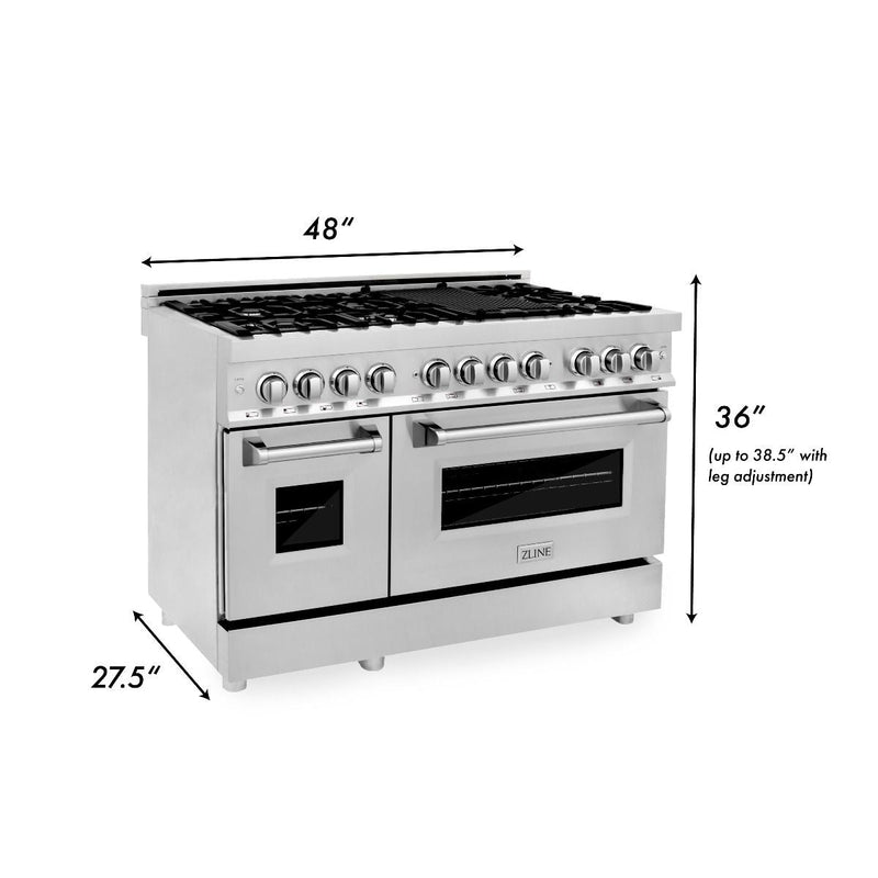 ZLINE 4-Piece Appliance Package - 48-Inch Dual Fuel Range, Refrigerator, Convertible Wall Mount Hood, and Microwave Drawer in Stainless Steel (4KPR-RARH48-MW)