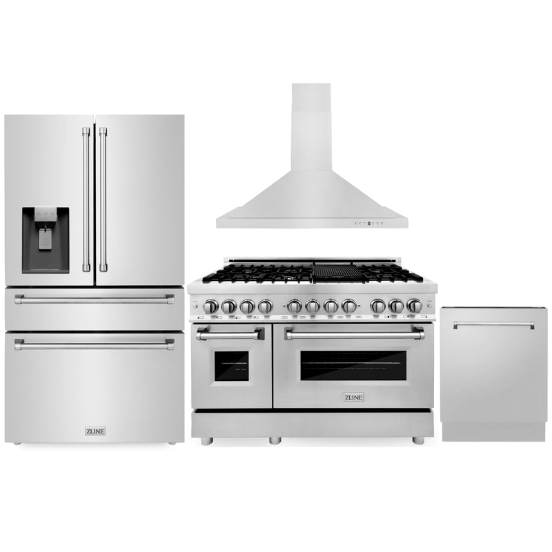 ZLINE 4-Piece Appliance Package - 48-Inch Dual Fuel Range, Refrigerator with Water Dispenser, Convertible Wall Mount Hood, and 3-Rack Dishwasher in Stainless Steel (4KPRW-RARH48-DWV)