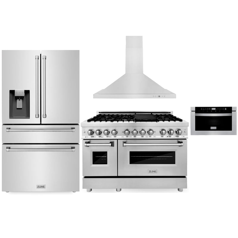 ZLINE 4-Piece Appliance Package - 48-Inch Dual Fuel Range, Refrigerator with Water Dispenser, Convertible Wall Mount Hood, and Microwave Drawer in Stainless Steel (4KPRW-RARH48-MWD)