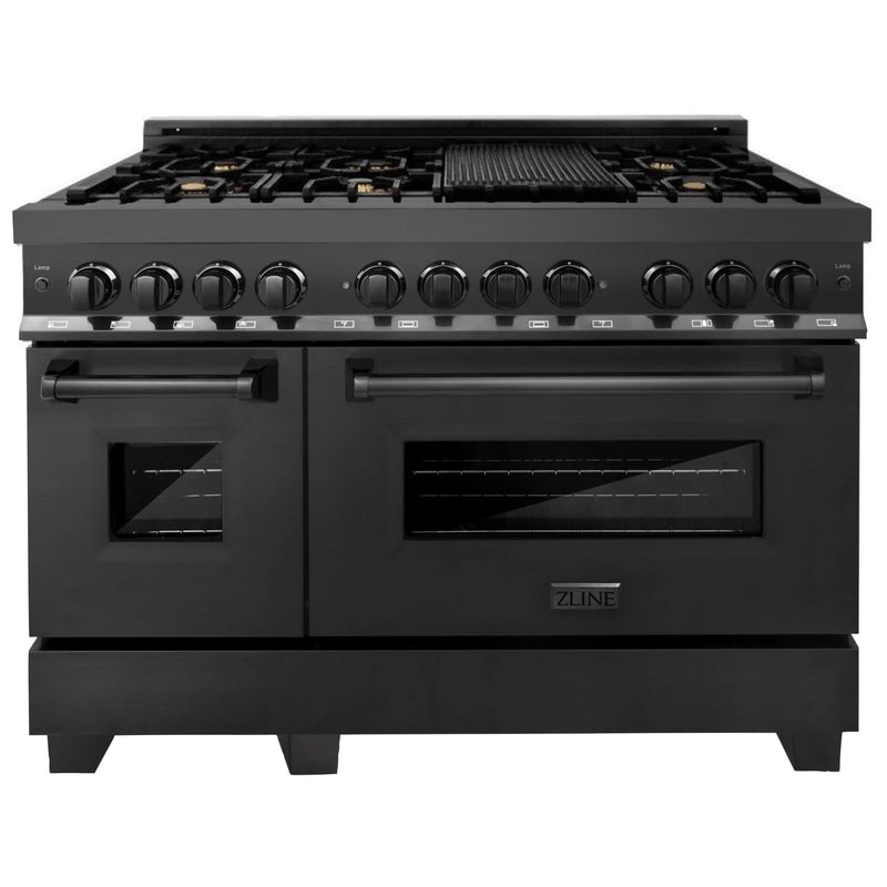 ZLINE 4-Piece Appliance Package - 48-Inch Dual Fuel Range with Brass Burners, Refrigerator, Convertible Wall Mount Hood, and Microwave Drawer in Black Stainless Steel (4KPR-RABRH48-MW)