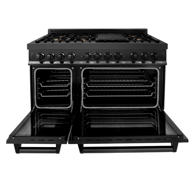 ZLINE 4-Piece Appliance Package - 48-Inch Dual Fuel Range with Brass Burners, Convertible Wall Mount Hood, Microwave Drawer, and 3-Rack Dishwasher in Black Stainless Steel (4KP-RABRH48-MWDWV)