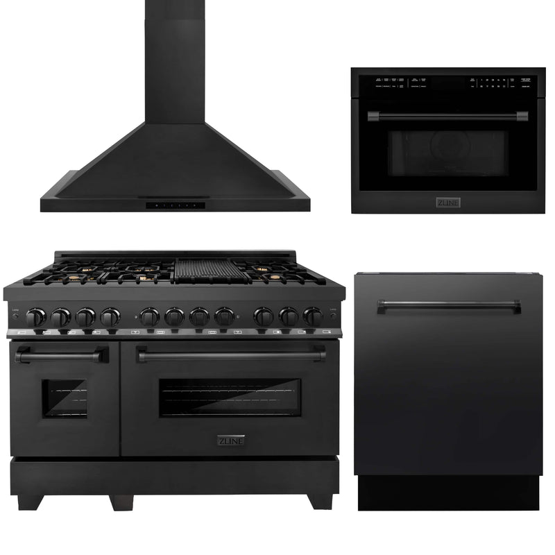ZLINE 4-Piece Appliance Package - 48-Inch Dual Fuel Range with Brass Burners, Convertible Wall Mount Hood, Microwave Oven, and 3-Rack Dishwasher in Black Stainless Steel (4KP-RABRH48-MODWV)