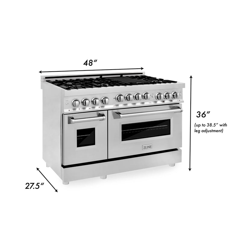 ZLINE 4-Piece Appliance Package - 48-Inch Gas Range, Refrigerator, Convertible Wall Mount Hood, and Microwave Oven in Stainless Steel (4KPR-RGRH48-MO)