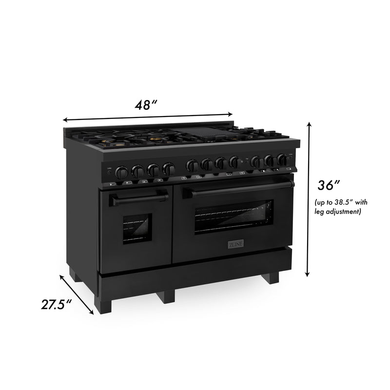 ZLINE 4-Piece Appliance Package - 48-Inch Gas Range, Refrigerator with Water Dispenser, Convertible Wall Mount Hood, and 3-Rack Dishwasher in Black Stainless Steel (4KPRW-RGBRH48-DWV)