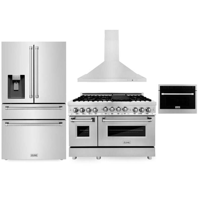ZLINE 4-Piece Appliance Package - 48-Inch Gas Range, Refrigerator with Water Dispenser, Convertible Wall Mount Hood, and Microwave Oven in Stainless Steel (4KPRW-RGRH48-MWO)