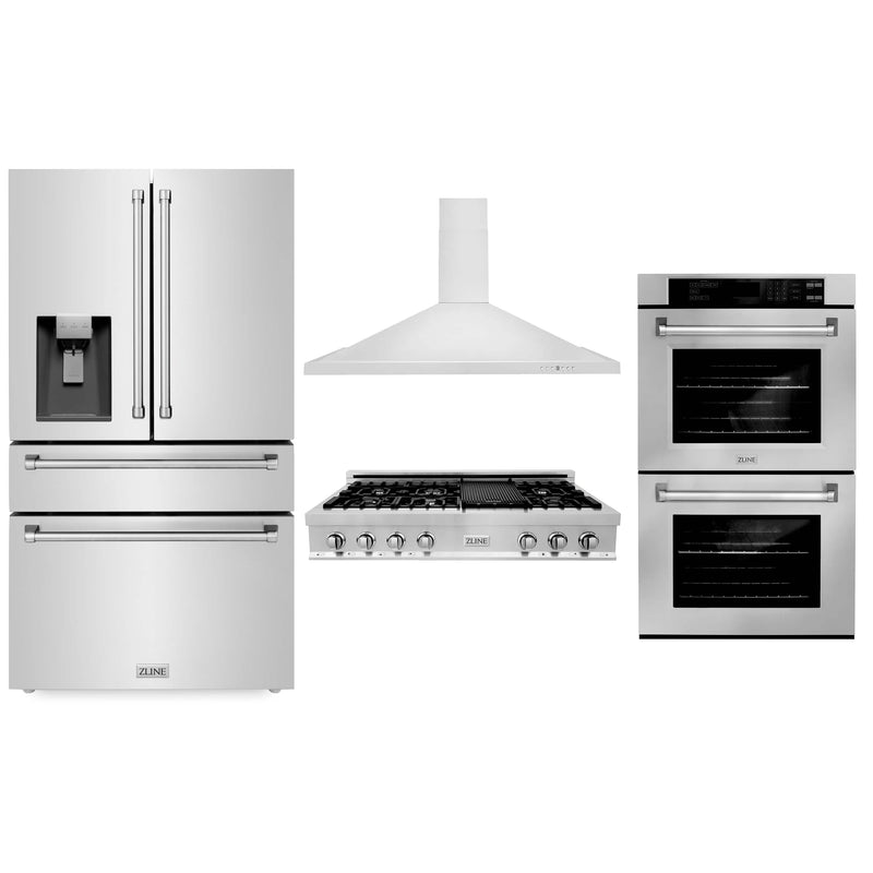 ZLINE 4-Piece Appliance Package - 48-Inch Rangetop, 30” Double Wall Oven, 36” Refrigerator with Water Dispenser, and Convertible Wall Mount Hood in Stainless Steel (4KPRW-RTRH48-AWD)