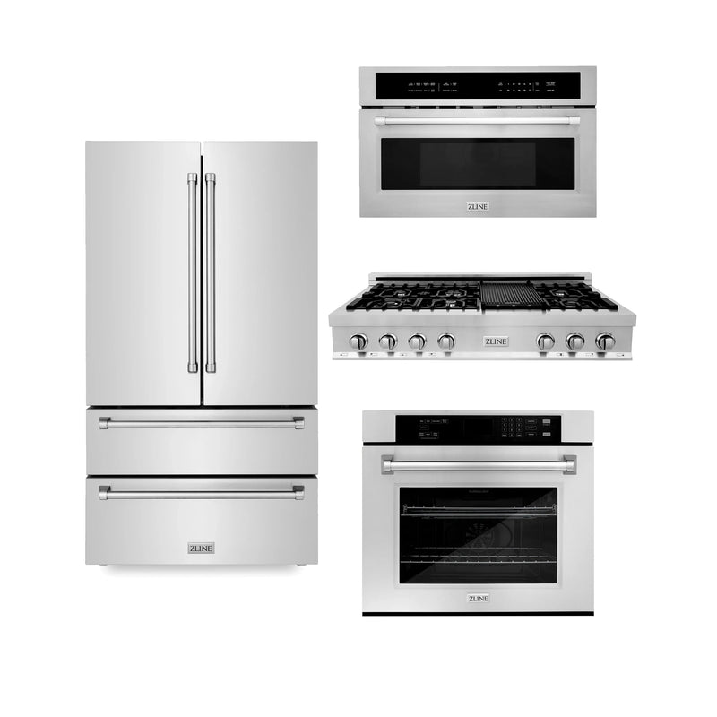 ZLINE 4-Piece Appliance Package - 48-Inch Rangetop, 30” Wall Oven, 36” Refrigerator, and 30-Inch Microwave Oven in Stainless Steel (4KPR-RT48-MWAWS)