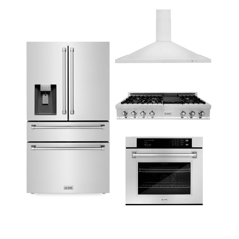 ZLINE 4-Piece Appliance Package - 48-Inch Rangetop, 30” Wall Oven, 36” Refrigerator with Water Dispenser, and Convertible Wall Mount Hood in Stainless Steel (4KPRW-RTRH48-AWS)