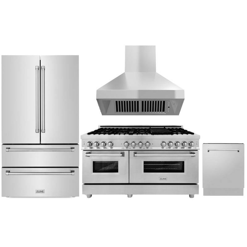 ZLINE 4-Piece Appliance Package - 60-Inch Dual Fuel Range, Refrigerator, Convertible Wall Mount Hood, and 3-Rack Dishwasher in Stainless Steel (4KPR-RARH60-DWV)