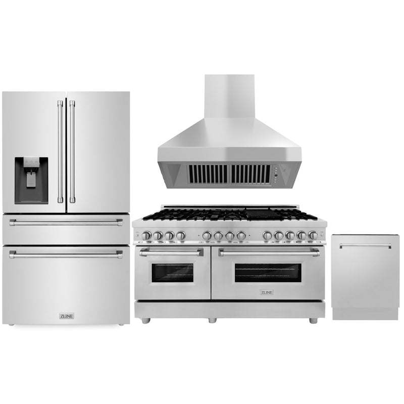 ZLINE 4-Piece Appliance Package - 60-Inch Dual Fuel Range, Refrigerator with Water Dispenser, Convertible Wall Mount Hood, and 3-Rack Dishwasher in Stainless Steel (4KPRW-RARH60-DWV)