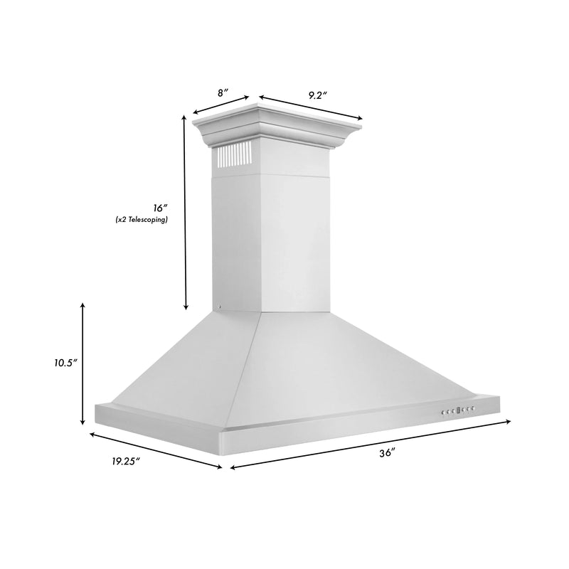 ZLINE 42-Inch Convertible Vent Wall Mount Range Hood in Stainless Steel with Crown Molding (KBCRN-42)