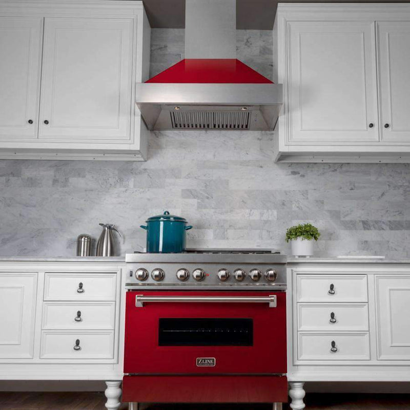 ZLINE 42-Inch Ducted DuraSnow Stainless Steel Wall Mount Range Hood with Red Gloss Shell (8654RG-42)