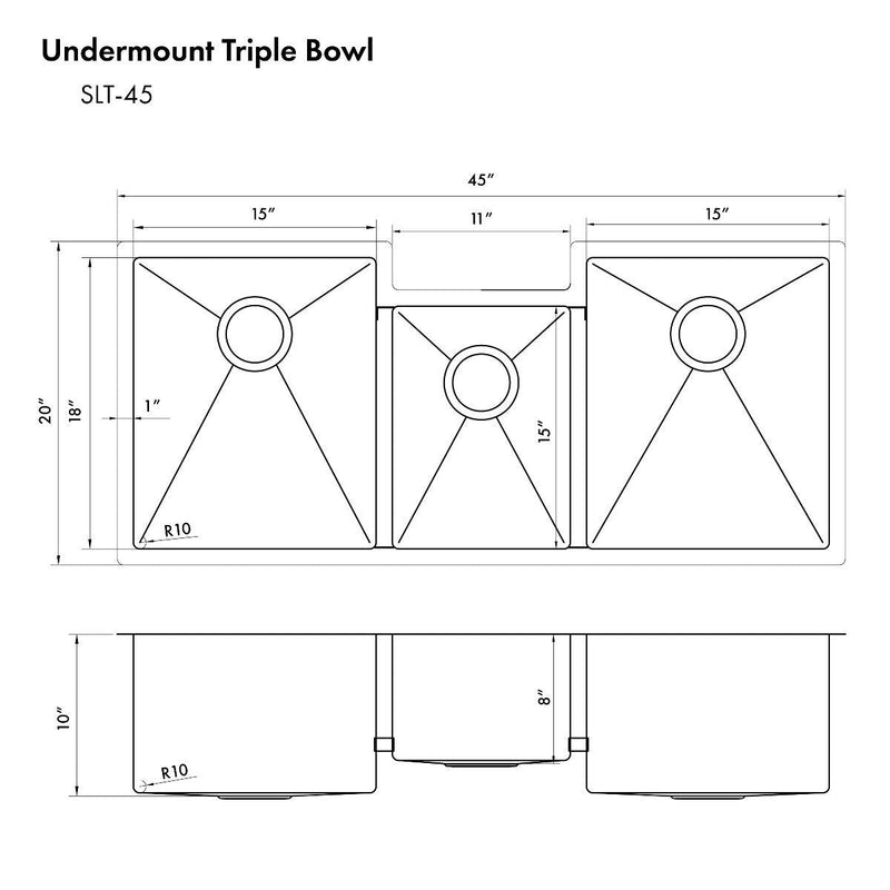 ZLINE 45-Inch Breckenridge Undermount Triple Bowl Stainless Steel Kitchen Sink with Bottom Grid and Accessories (SLT-45)