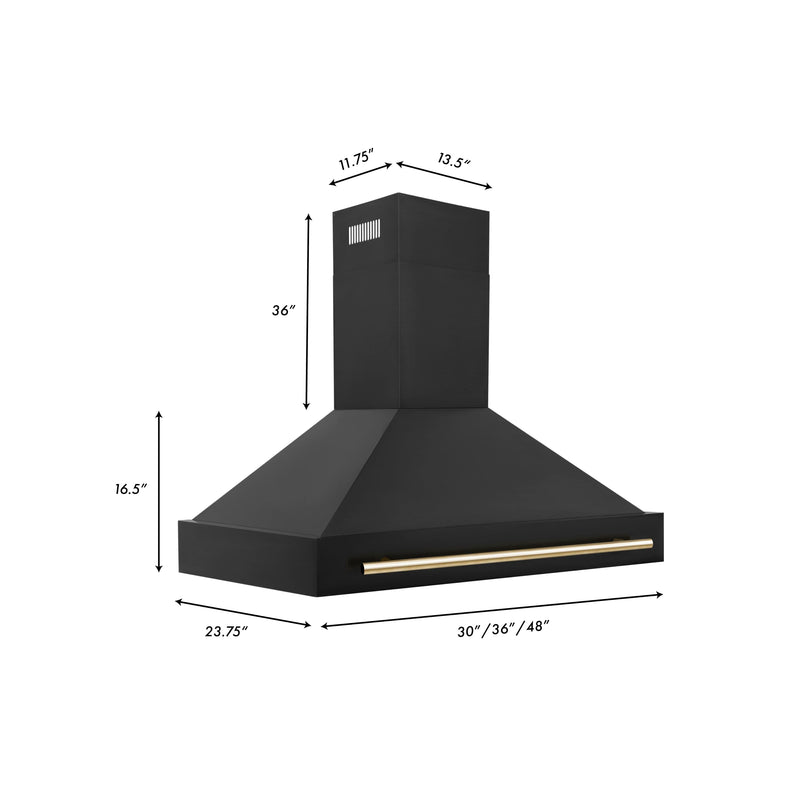 ZLINE 48-Inch Autograph Edition Wall Mount Range Hood in Black Stainless Steel with Gold Handle (BS655Z-48-G)