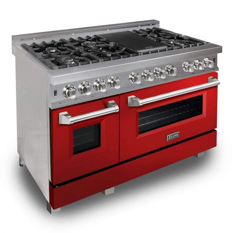 ZLINE 48-Inch Professional Dual Fuel Range in DuraSnow Stainless with Red Gloss Door (RAS-RG-48)