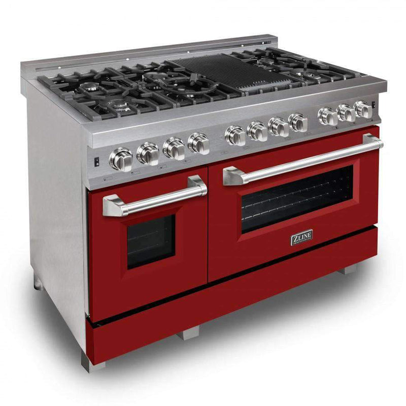 ZLINE 48-Inch Professional Dual Fuel Range in DuraSnow Stainless with Red Matte Door (RAS-RM-48)