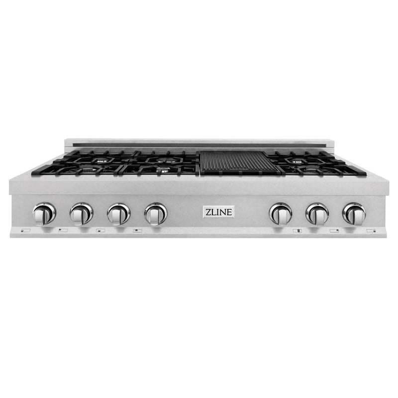 ZLINE 48-Inch Porcelain Gas Stovetop in DuraSnow® Stainless Steel with 7 Gas Burners and Griddle (RTS-48)