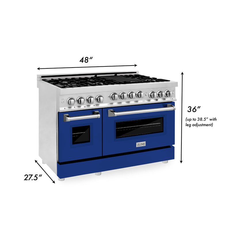 ZLINE 48-Inch Professional 6.0 cu. ft. Range with Gas Stove & Gas Oven in Stainless Steel with Blue Gloss Doors (RG-BG-48)