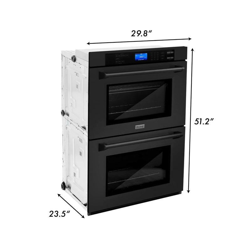 ZLINE 5-Piece Appliance Package - 30-Inch Rangetop with Brass Burners, Refrigerator, 30-Inch Electric Double Wall Oven, 3-Rack Dishwasher, and Convertible Wall Mount Hood in Black Stainless Steel (5KPR-RTBRH30-AWDDWV)