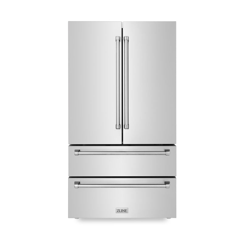 ZLINE 5-Piece Appliance Package - 36-Inch Dual Fuel Range, Refrigerator, Convertible Wall Mount Hood, Microwave Drawer, and 3-Rack Dishwasher in Stainless Steel (5KPR-RARH36-MWDWV)