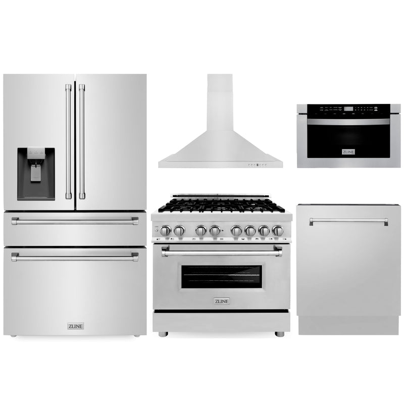 ZLINE 5-Piece Appliance Package - 36-Inch Dual Fuel Range, Refrigerator with Water Dispenser, Convertible Wall Mount Hood, Microwave Drawer, and 3-Rack Dishwasher in Stainless Steel (5KPRW-RARH36-MWDWV)