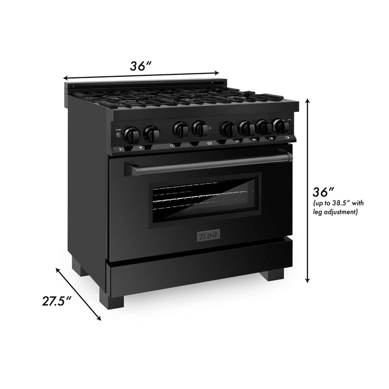 ZLINE 5-Piece Appliance Package - 36-Inch Gas Range with Brass Burners, Refrigerator with Water Dispenser, Convertible Wall Mount Hood, Microwave Drawer, and 3-Rack Dishwasher in Black Stainless Steel (5KPRW-RGBRH36-MWDWV)