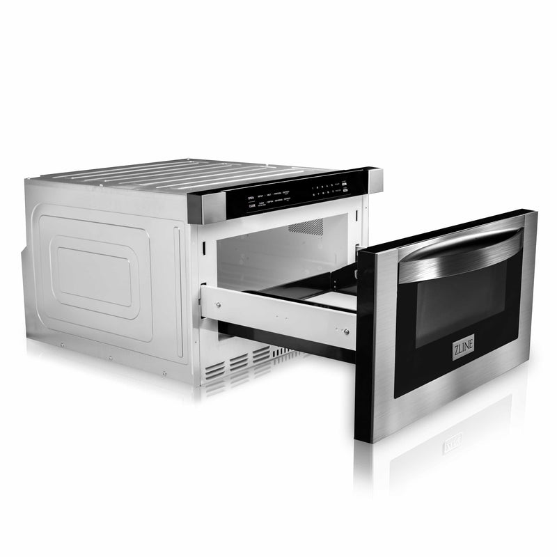 ZLINE 5-Piece Appliance Package - 48-Inch Dual Fuel Range, Refrigerator with Water Dispenser, Convertible Wall Mount Hood, Microwave Drawer, and 3-Rack Dishwasher in Stainless Steel (5KPRW-RARH48-MWDWV)