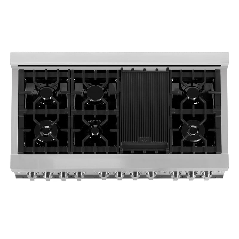 ZLINE 5-Piece Appliance Package - 48-Inch Gas Range, Refrigerator, Convertible Wall Mount Hood, Microwave Drawer, and 3-Rack Dishwasher in Stainless Steel (5KPR-RGRH48-MWDWV)