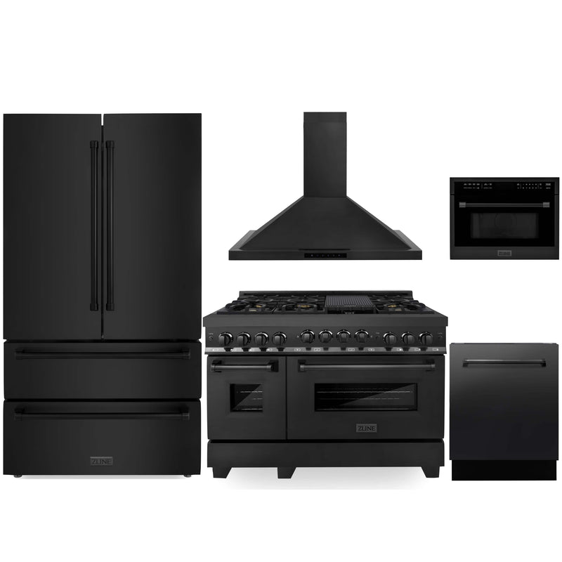 ZLINE 5-Piece Appliance Package - 48-Inch Gas Range, Refrigerator, Convertible Wall Mount Hood, Microwave Oven, and 3-Rack Dishwasher in Black Stainless Steel