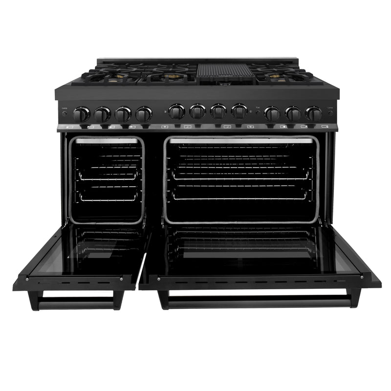 ZLINE 5-Piece Appliance Package - 48-Inch Gas Range with Brass Burners, Refrigerator, Convertible Wall Mount Hood, Microwave Drawer, and 3-Rack Dishwasher in Black Stainless Steel (5KPR-RGBRH48-MWDWV)