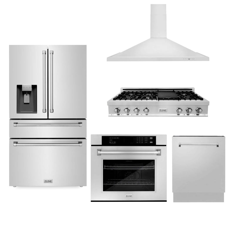 ZLINE 5-Piece Appliance Package - 48-Inch Rangetop, Refrigerator with Water Dispenser, 30-Inch Electric Wall Oven, 3-Rack Dishwasher, and Convertible Wall Mount Hood in Stainless Steel (5KPRW-RTRH48-AWSDWV)