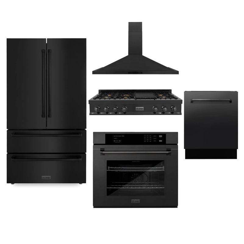 ZLINE 5-Piece Appliance Package - 48-Inch Rangetop with Brass Burners, Refrigerator, 30-Inch Electric Wall Oven, 3-Rack Dishwasher, and Convertible Wall Mount Hood in Black Stainless Steel (5KPR-RTBRH48-AWSDWV)