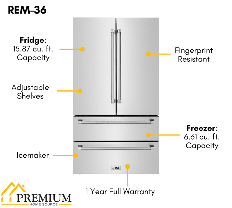 ZLINE Appliance Package - 36 in. Dual Fuel Range, Range Hood, 3 Rack Dishwasher, Refrigerator - 4KPR-RARH36-DWV
