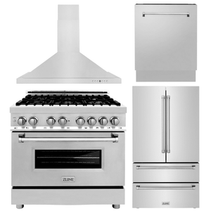 ZLINE Appliance Package - 36 in. Dual Fuel Range, Range Hood, 3 Rack Dishwasher, Refrigerator 