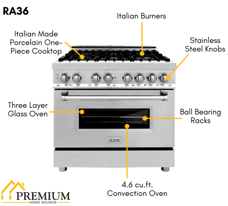 ZLINE Appliance Package - 36 in. Dual Fuel Range, Range Hood, Microwave Drawer, 3 Rack Dishwasher - 4KP-RARH36-MWDWV