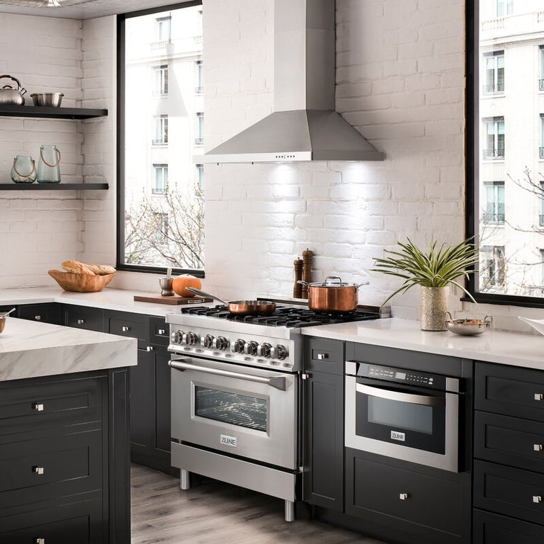 ZLINE Appliance Package - 36 in. Dual Fuel Range, Range Hood, Microwave Drawer - 3KP-RARH36-MW