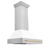 ZLINE Autograph 36 Inch DuraSnow Stainless Steel Range Hood with White Matte Shell and Gold Handle - 8654SNZ-WM36-G