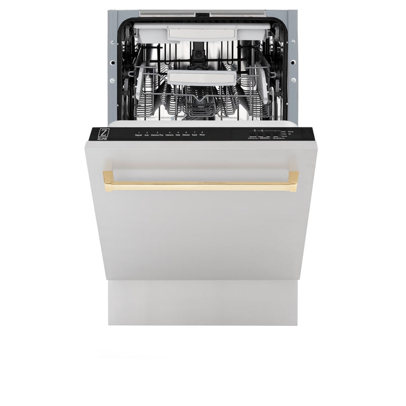 ZLINE Autograph Edition 18-Inch Compact 3rd Rack Top Control Dishwasher in Stainless Steel with Gold Handle, 51dBa (DWVZ-304-18-G)