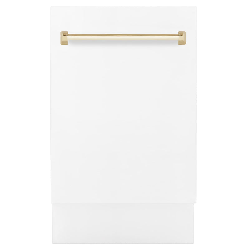 ZLINE Autograph Edition 18-Inch Compact 3rd Rack Top Control Dishwasher in White Matte with Gold Handle, 51dBa (DWVZ-WM-18-G)