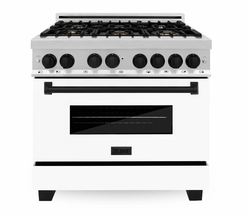 ZLINE Autograph Edition 2-Piece Appliance Package - 36-Inch Dual Fuel Range & Wall Mounted Range Hood in Stainless Steel and White Door with Matte Black Trim (2AKP-RAWMRH36-MB)