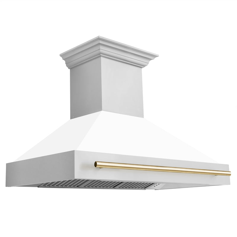 ZLINE Autograph Edition 2-Piece Appliance Package - 48-Inch Gas Range & Wall Mounted Range Hood in Stainless Steel and White Door with Gold Trim (2AKPR-RGWMRH48-G)