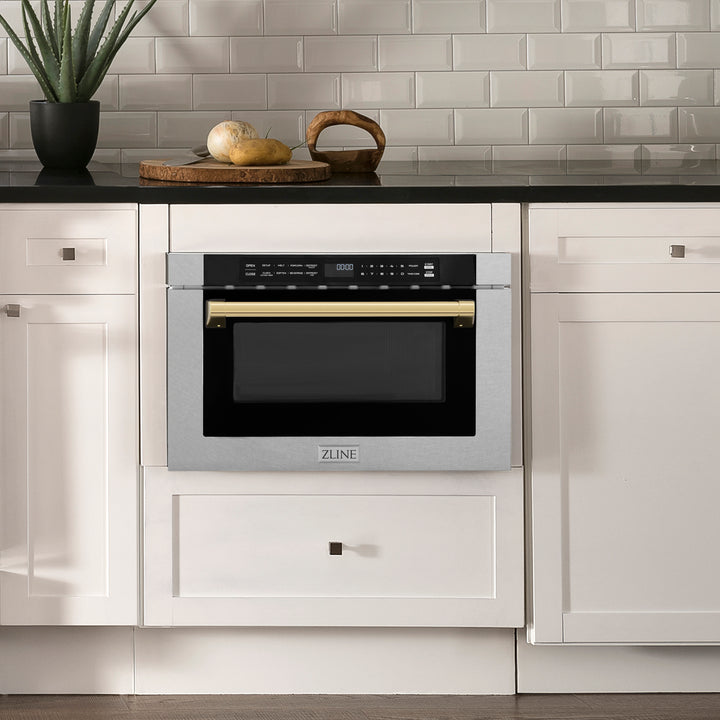 ZLINE Autograph Edition 24" 1.2 cu. ft. Built-in Microwave Drawer with a Traditional Handle in Fingerprint Resistant Stainless Steel MWDZ-1-SS-H