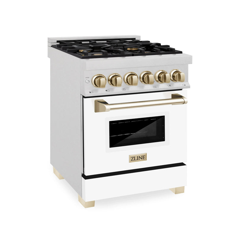 ZLINE Autograph Edition 24-Inch 2.8 cu. ft. Dual Fuel Range with Gas Stove and Electric Oven in DuraSnow® Stainless Steel with White Matte Door and Gold Accents (RASZ-WM-24-G)