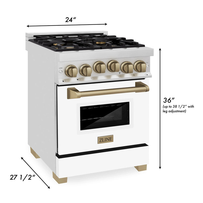 ZLINE Autograph Edition 24-Inch 2.8 cu. ft. Dual Fuel Range with Gas Stove and Electric Oven in Stainless Steel with White Matte Door and Champagne Bronze Accents (RAZ-WM-24-CB)