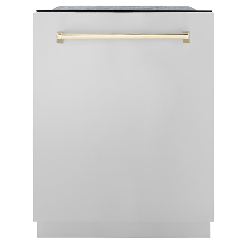 ZLINE Autograph Edition 4-Piece Appliance Package - 48-Inch Stainless Steel Gas Range, Refrigerator with Water Dispenser, Wall Mounted Range Hood, & 24-Inch Tall Tub Dishwasher in White Matte and Gold Accents (4AKPR-RGWMRHDWM48-G)