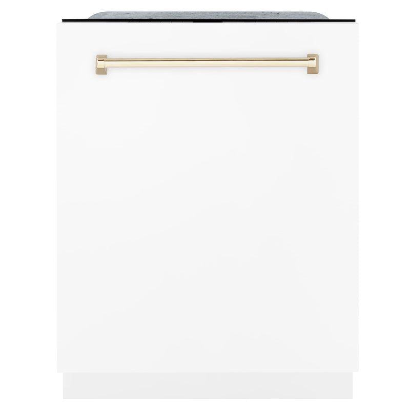 ZLINE Autograph Edition 3-Piece Appliance Package - 30-Inch Dual Fuel Range, Wall Mounted Range Hood, and 24-Inch Tall Tub Dishwasher in Stainless Steel and White Door with Gold Trim (3AKP-RAWMRHDWM30-G)