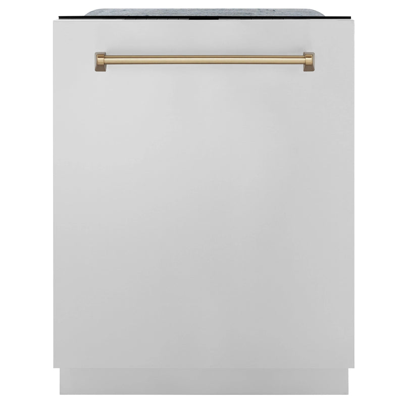 ZLINE Autograph Edition 4-Piece Appliance Package - 30-Inch Dual Fuel Range, Refrigerator with Water Dispenser, Wall Mounted Range Hood, & 24-Inch Tall Tub Dishwasher in Stainless Steel with Champagne Bronze Trim (4AKPR-RARHDWM30-CB)