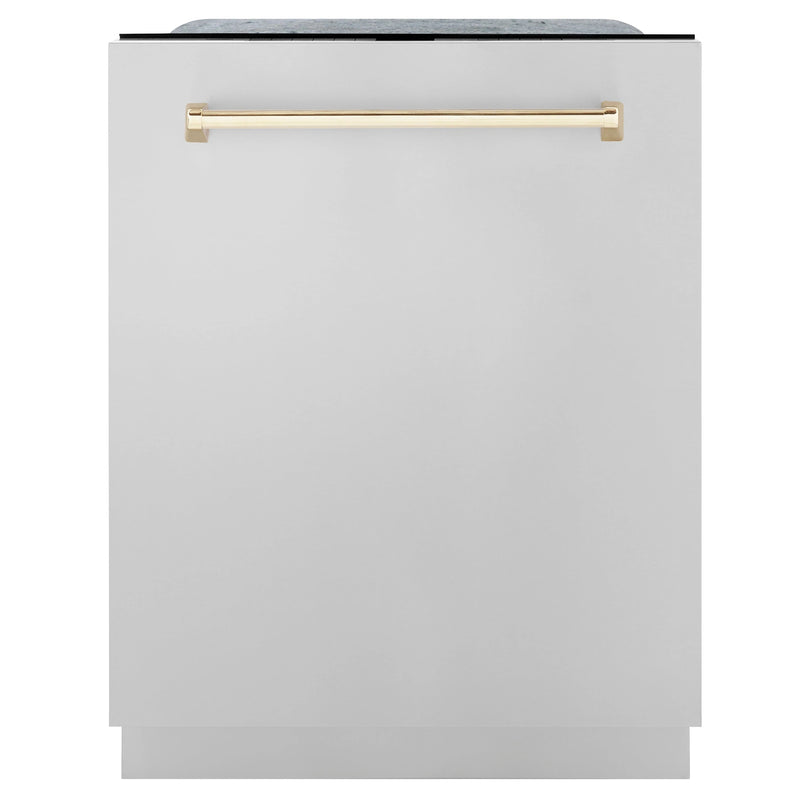 ZLINE Autograph Edition 4-Piece Appliance Package - 30-Inch Dual Fuel Range, Refrigerator, Wall Mounted Range Hood, & 24-Inch Tall Tub Dishwasher in Stainless Steel with Gold Trim (4KAPR-RARHDWM30-G)